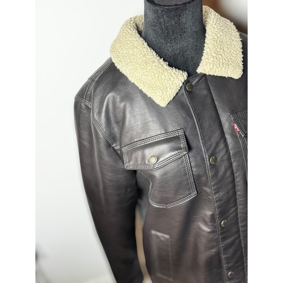 Levi Strauss Co Mens Faux Leather Sherpa Lined Trucker Jacket Dark Brown Size M - Picture 6 of 16